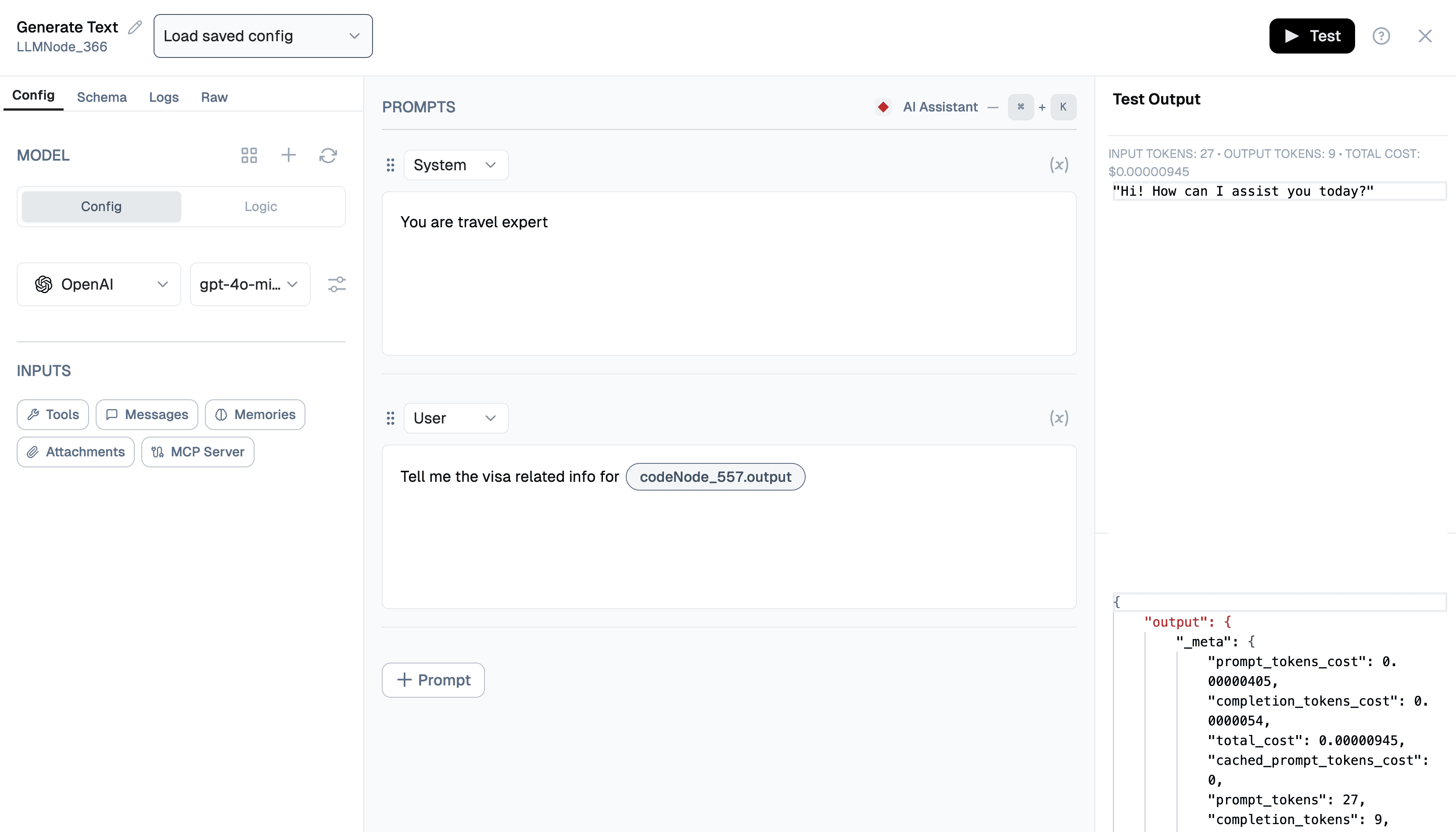 Prompt IDE interface showing prompt editor, AI assistant, and test output